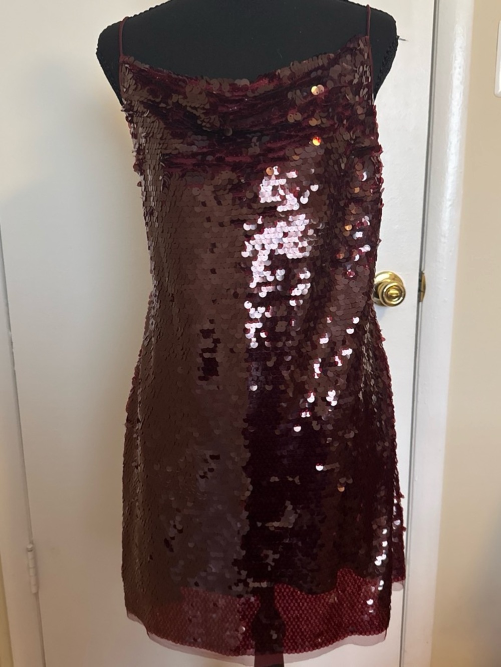 Wild Fable Burgundy Paillette Sequin Cowl Neck Mini Dress L Open Back